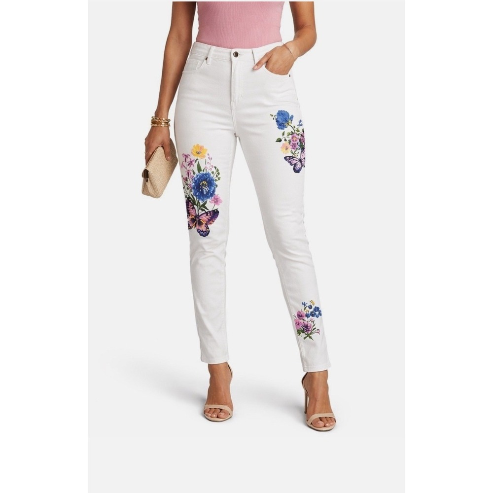 DG2 Diane Gilman White Floral‎ Butterfly  Skinny Jeans Women's 16W High Rise NEW